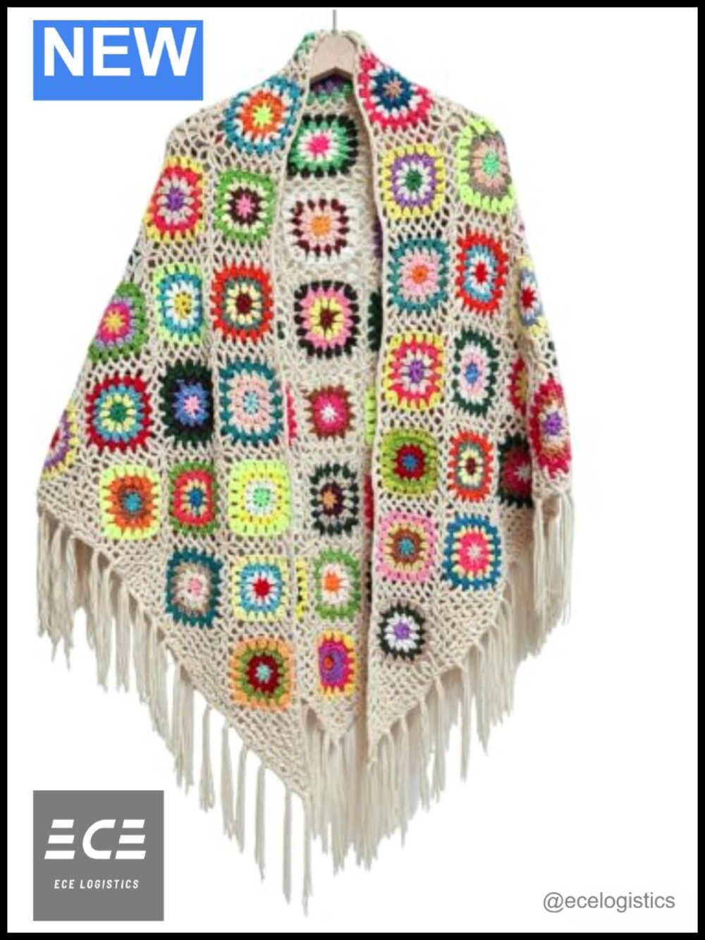 Handmade Crochet Granny Square Triangle Shawl Fringe Wrap